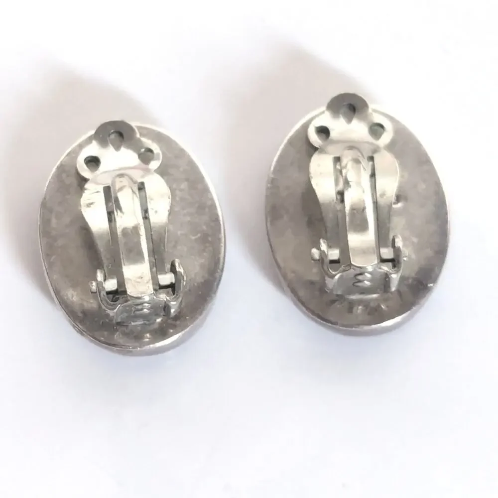 Vintage S.J. Sterling Silver Faceted Hematite Boho Retro Clip On Earrings